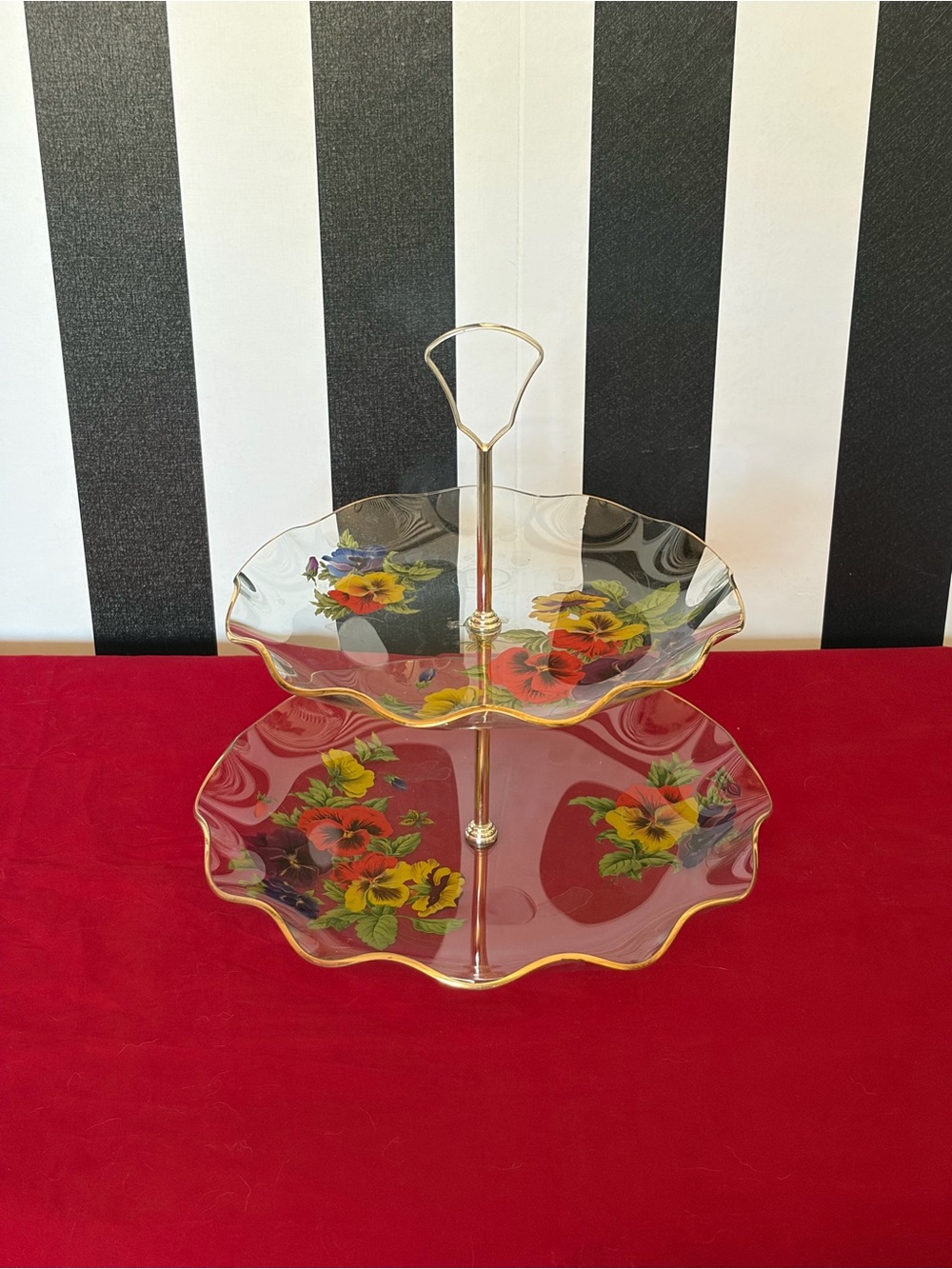 Two-Tier Vintage Style Floral Dessert Stand Candy Dish Pastry Server Gold Trim